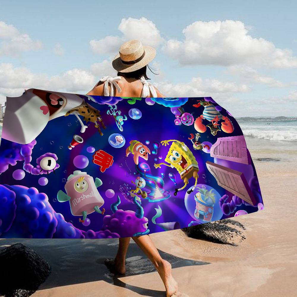 Cute S-Spongebobs Anime Microfiber Blanket Quick Drying Beach Towels Oversized Printing Super Absorbent Pool Towel Blanket