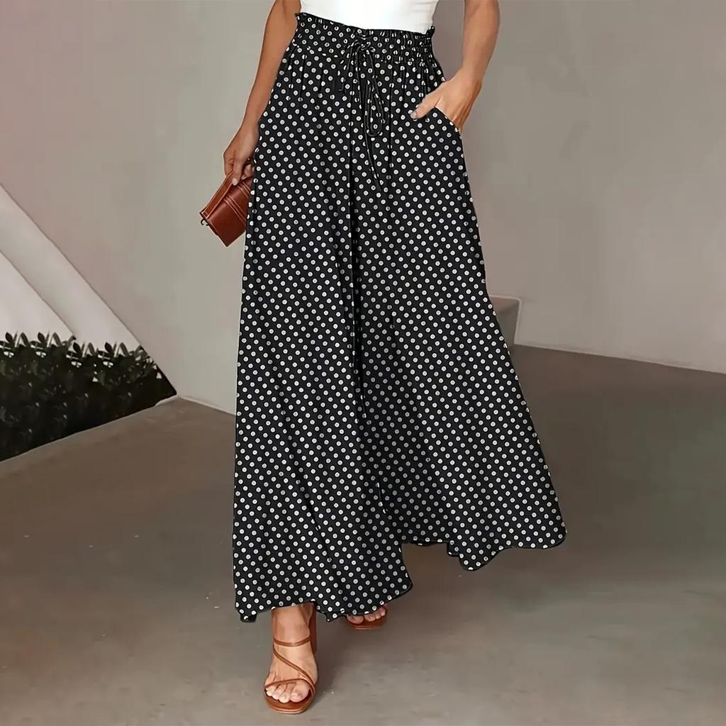Women's Fashionable Bohemian Wide,leg Trousers With Elastic Waist And Polka Dot Print Long Skirt Pants