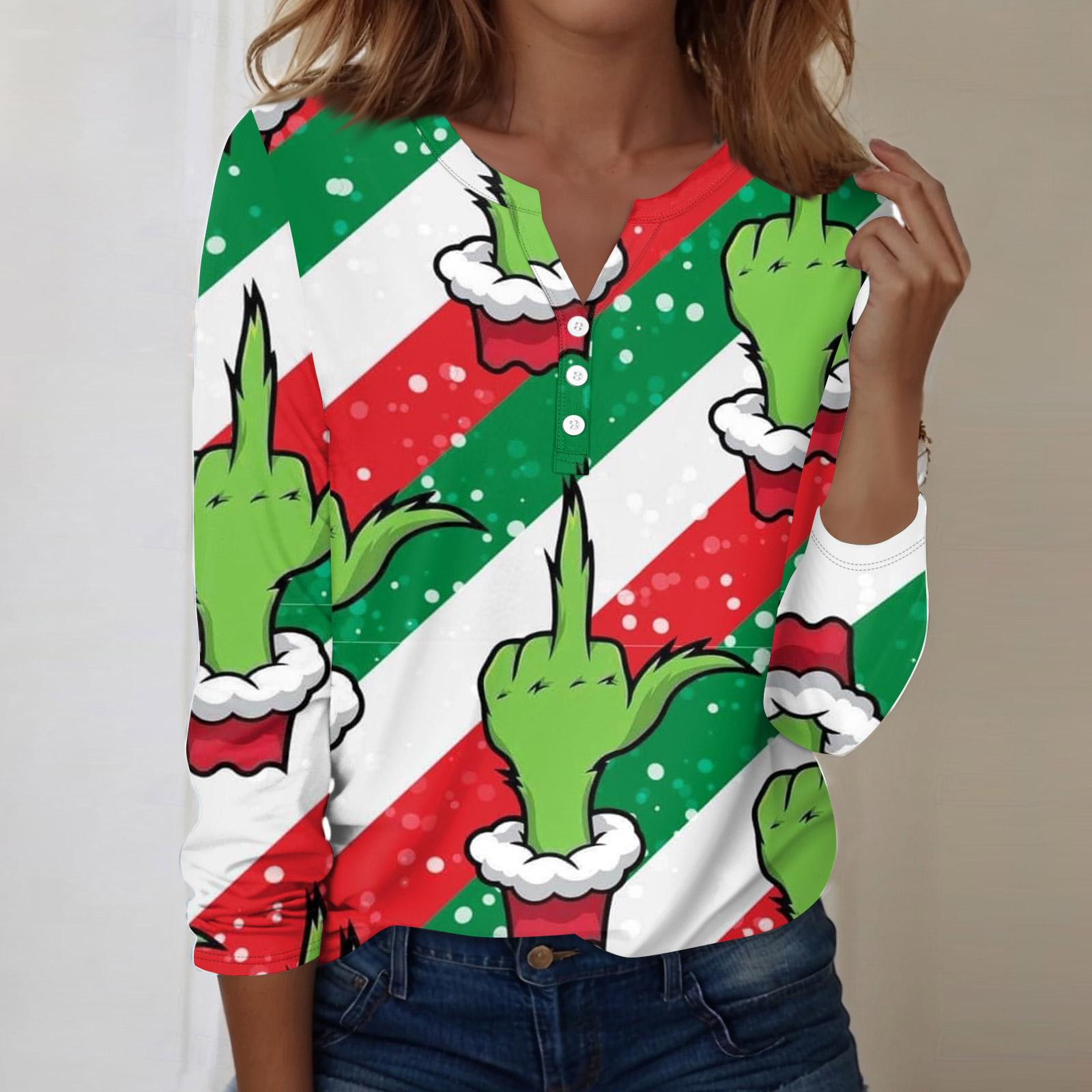 

Женская модная повседневная блузка с V-образным вырезом, длинным рукавом и декоративными пуговицами, с рождественским принтом XXL