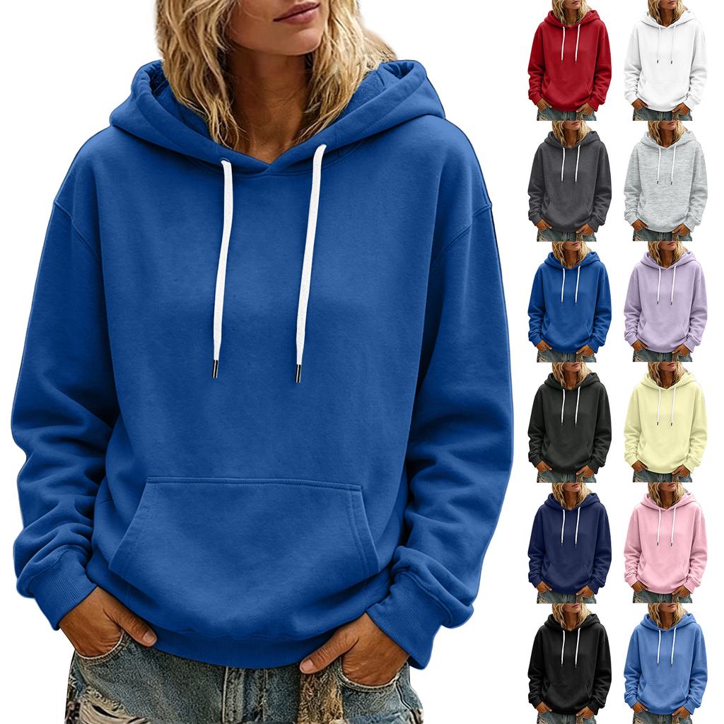 Women's Color Long Sleeve Hoodie with Drawstring Hood and Pocket Casual Pullover