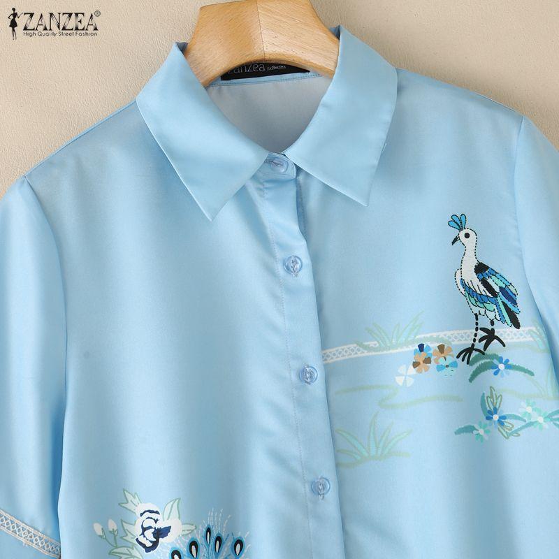 ZANZEA Women Casual Turn Down Collar Loose Print Half Sleeve Blouse