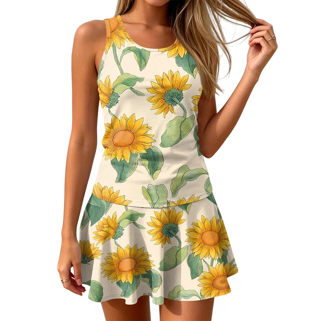 Sleeveless Tank Dress with Sunflower Print Casual Round Neck A Line Mini Dress for Women Summer Beachwear