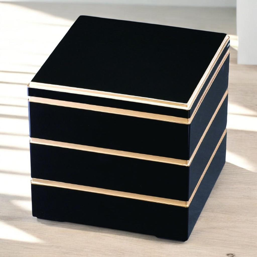 J-kitchens Lacquerware 3-Tier Jubako Box, 6.5 inches, Yamato Kagekura Black with Gold Rim, 19cm, Resin, Made in Japan