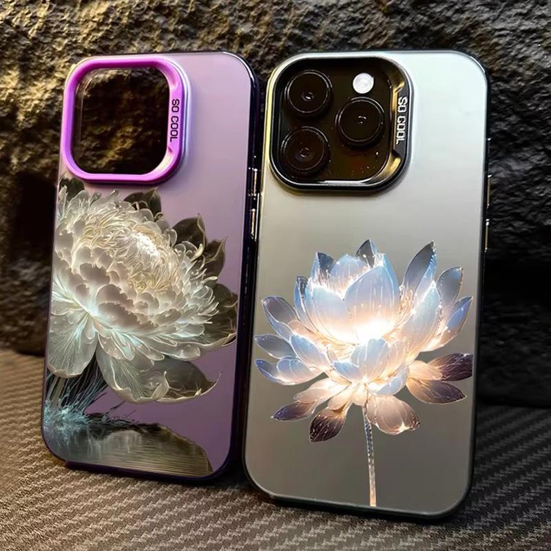 Luminous Lotus Phone Case For IPhone 17 16 15 14 13 12 11 Pro Max 14 15 16 Plus Lens Protect Plating Cover Case Funda Bumber