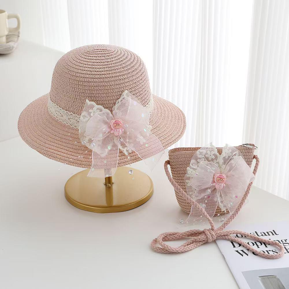 Girls' Lace Bow Sun Protection Straw Hat – Summer Outdoor Beach Bucket Hat