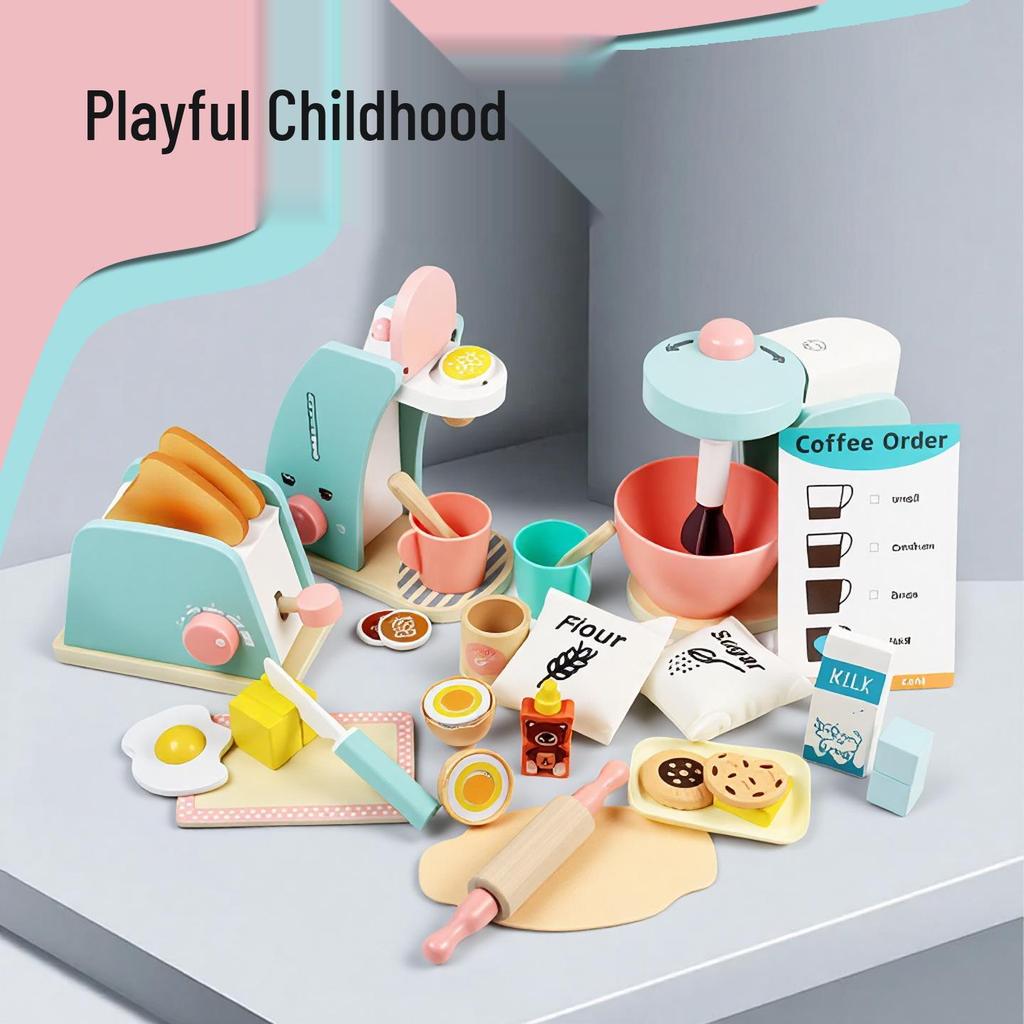 Wooden Play Kitchen Set: Toaster, Mixer, and Coffee Maker Tableware for Kids