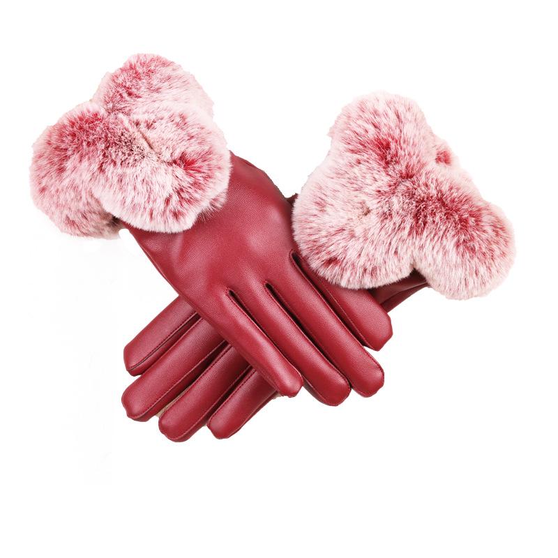 Women's Winter Touchscreen PU Leather Gloves with Rabbit Fur for Outdoor Cycling & Driving