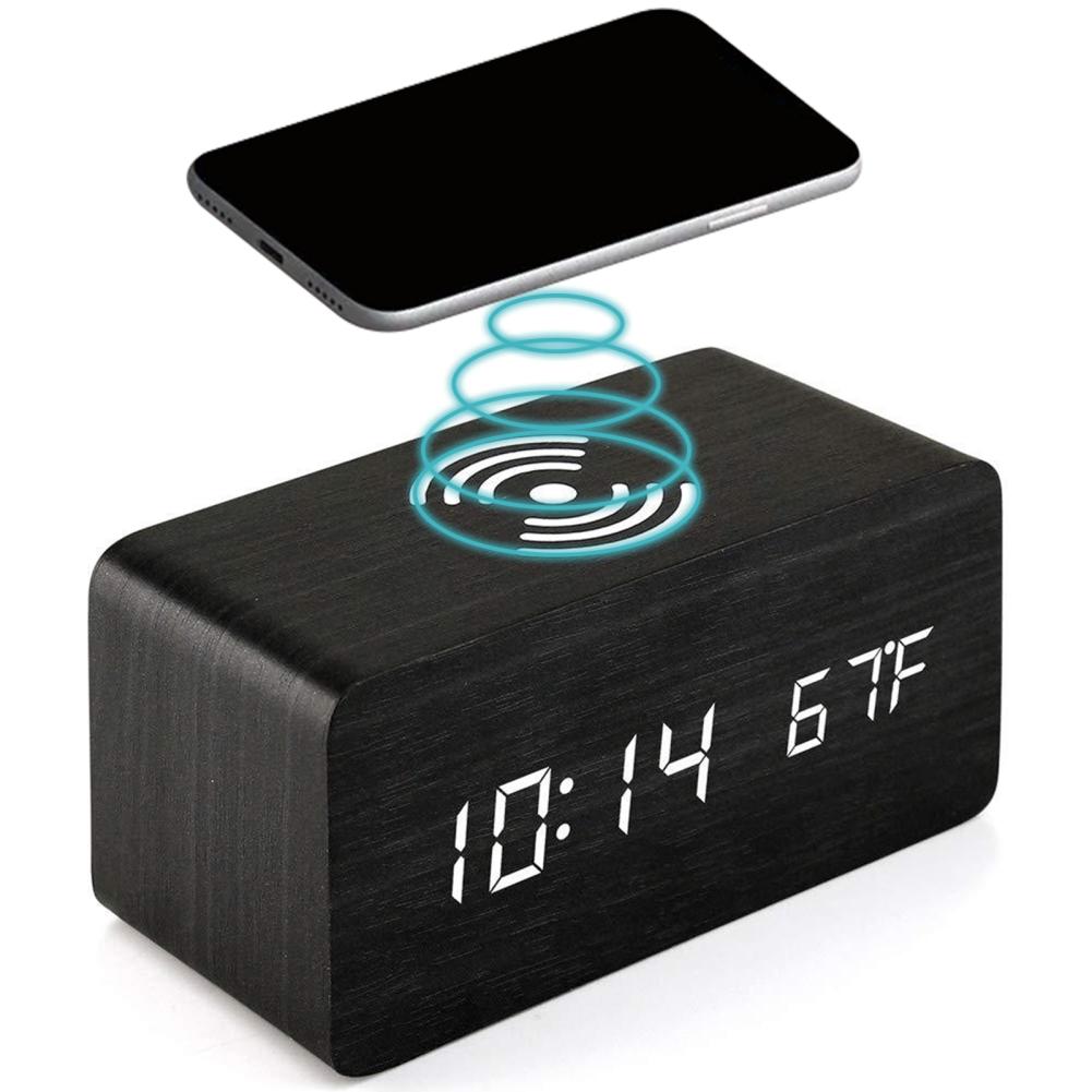 

Multifunctional Wooden Digital Alarm Clock 3 Alarms LED Display Wireless Charging Electronic Alarm Clock For Bedroom Office чорний
