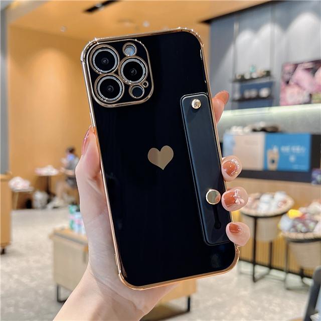 Korean Cute Electroplate Love Heart Wrist Strap Case For iPhone 14 13 Mini 12 11 Pro Max X XS XR 7 8 Plus Shokcproof Stand Cover