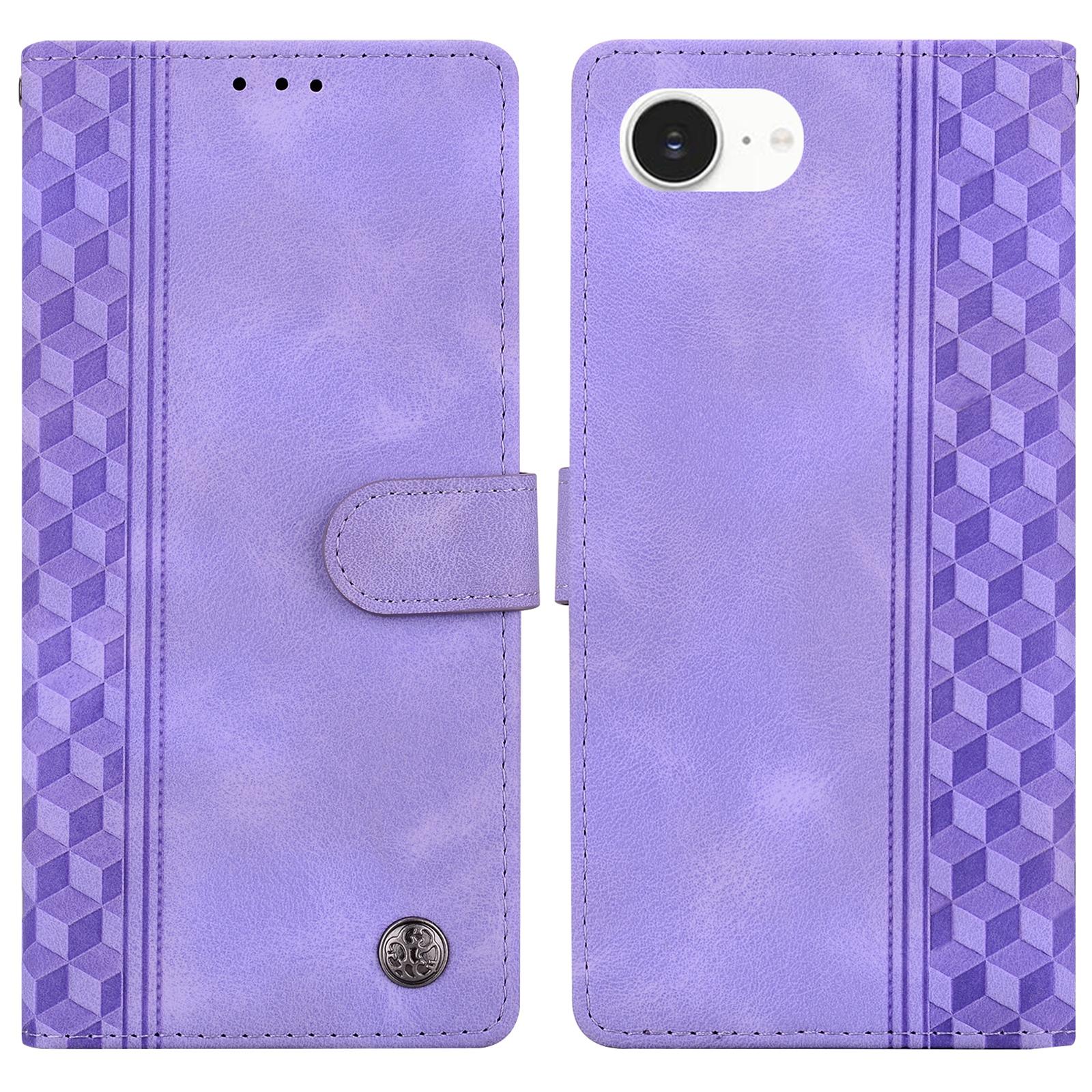

For iPhone 16e Leather Case Imprinted Checkered Pattern Wallet Stand Flip Phone Cover Purple