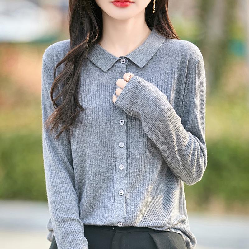 2026 Spring/Summer Women's Polo Collar High Imitation Wool Knit Cardigan - Long Sleeve, Button-Up, Elegant Wool Top
