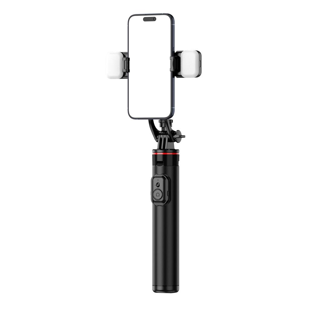 Aluminum Alloy Extendable Selfie Stick Tripod 1.3m with Dual Lights & Phone Holder - Black