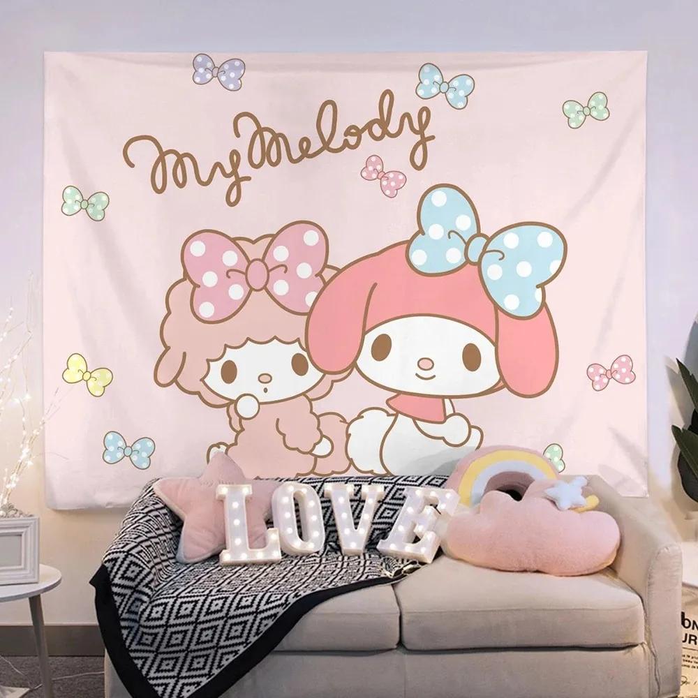 Kawaii Sanrio Character Print Tapestry Kitty and Melody Room Decoration Home Decoration Bedroom Wall Hanging