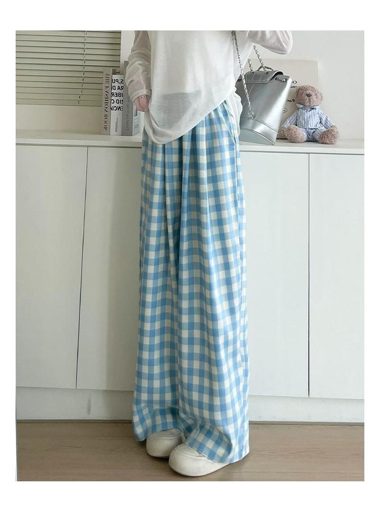 Petite Blue & White Checkered High Waist Summer Pants - Women's Casual Straight Leg Stroll Style
