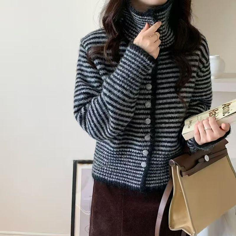 

Small Lapel Striped Cardigan Autumn Winter Short Chic Light Luxury Contrast Women s Sweater Jacket S чёрный