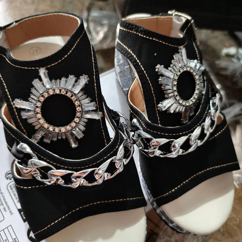 Large Wedge Denim Round Toe Fish Mouth Sandals, Fashionable and Comfortable, Versatile Rhinestone High Heels