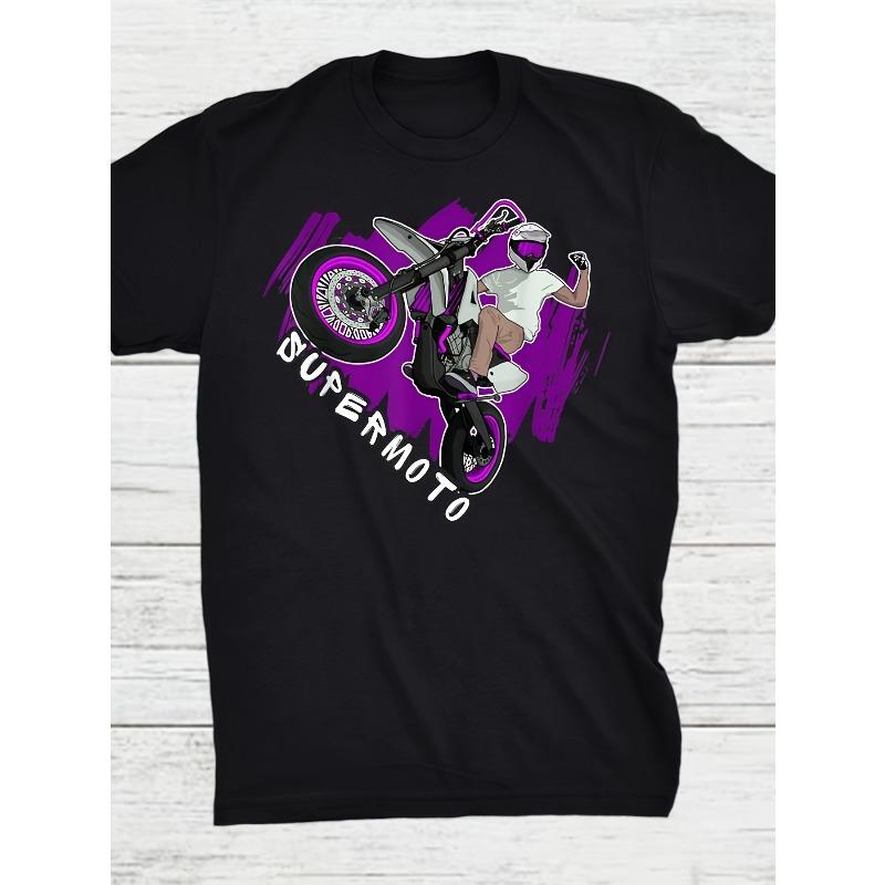 Herren Motorrad Grafik T-Shirt Biker Design mit Supermoto Fahrer & Print, Kurzarm Rundhals Freizeitshirt für Motorradfans