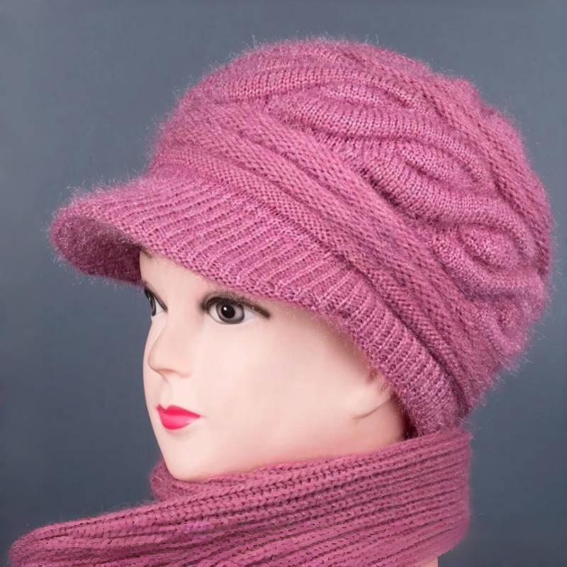 Dámská zimní vlněná čepice a šála: Hustý, Teplý, Odolný proti chladu pro střední věk a starší. Pletený design s plyšovou podšívkou.