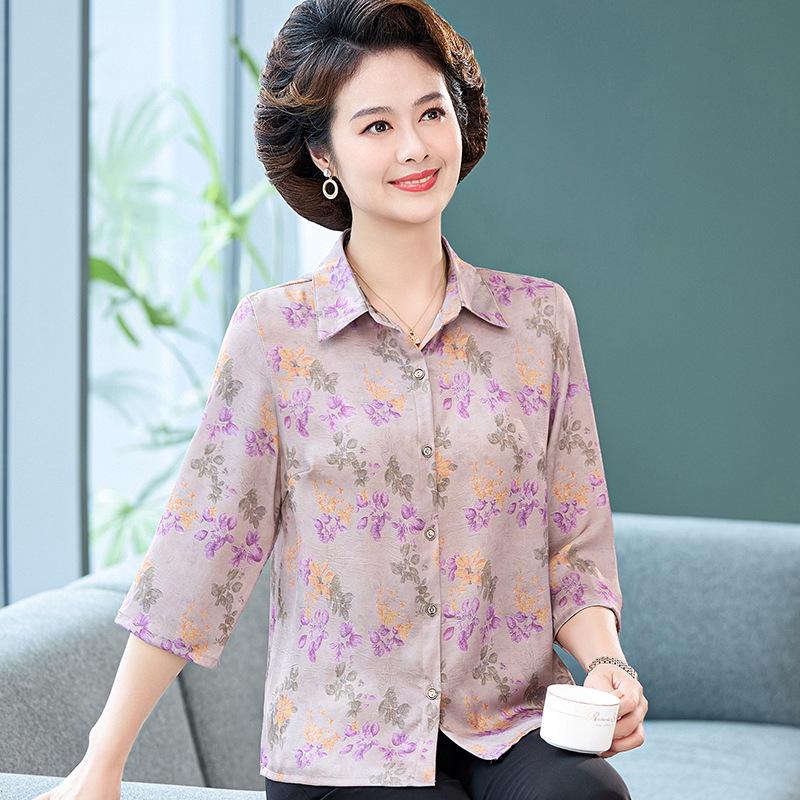 Mom's Elegant Seven-Sleeve Silk Floral Shirt for Women - Middle-Aged & Elderly