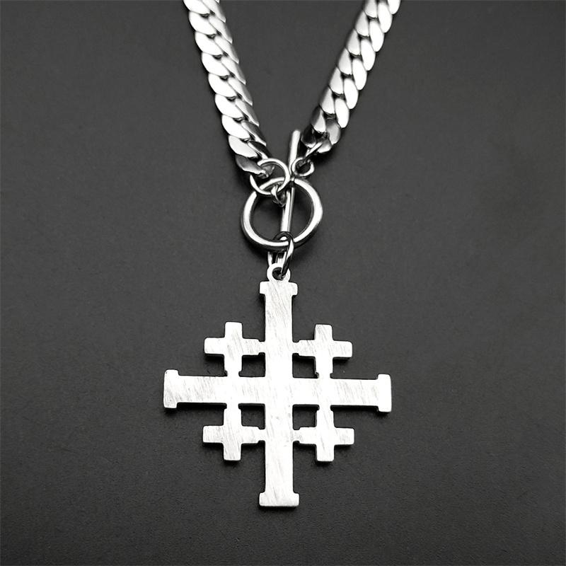 Jerusalem Crusaders Cross Pendant Necklace for Men Women Stainless Steel Rhinestones Amulet Hip Hop Chain Amulet Jewelry Gift