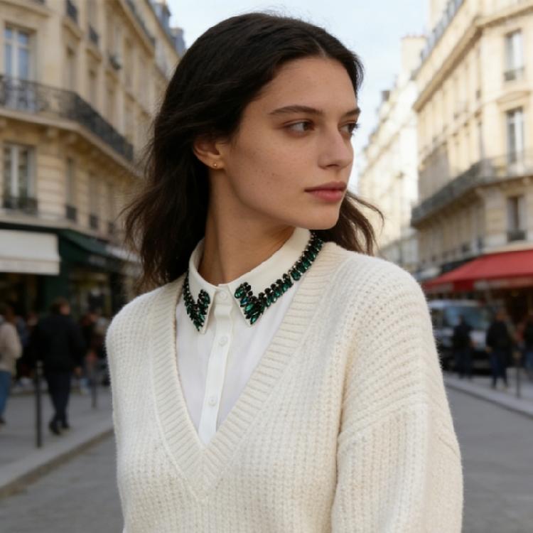 Comfortable Polyester Detachable Collar For Blouses Rhinestones Decorated Accessory Half Shirt Womens Fashion Enhancer