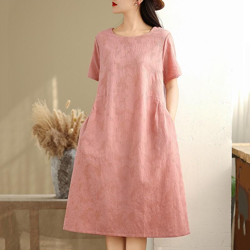 

Короткий рукав Плюс размер Хлопок лен винтажный цветочный новый в платьях для женщин повседневное свободное длинное летнее платье XXL розовый