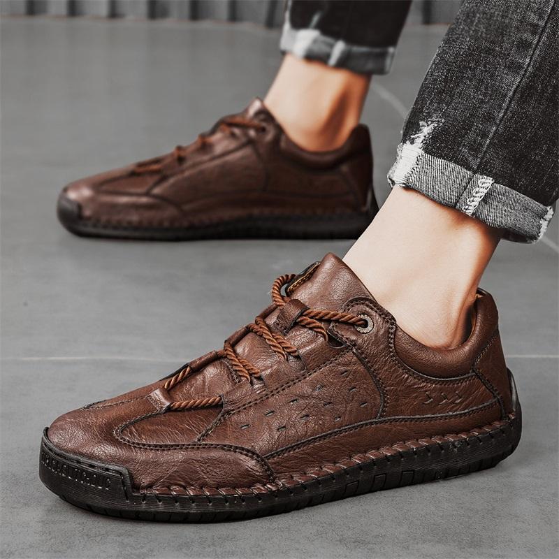 Fashion Brown Size 48 Handmade Leather Men Shoes Casual Comfortable Slip On Hiking Leather Shoe Flats Moccasins Walking Shoes