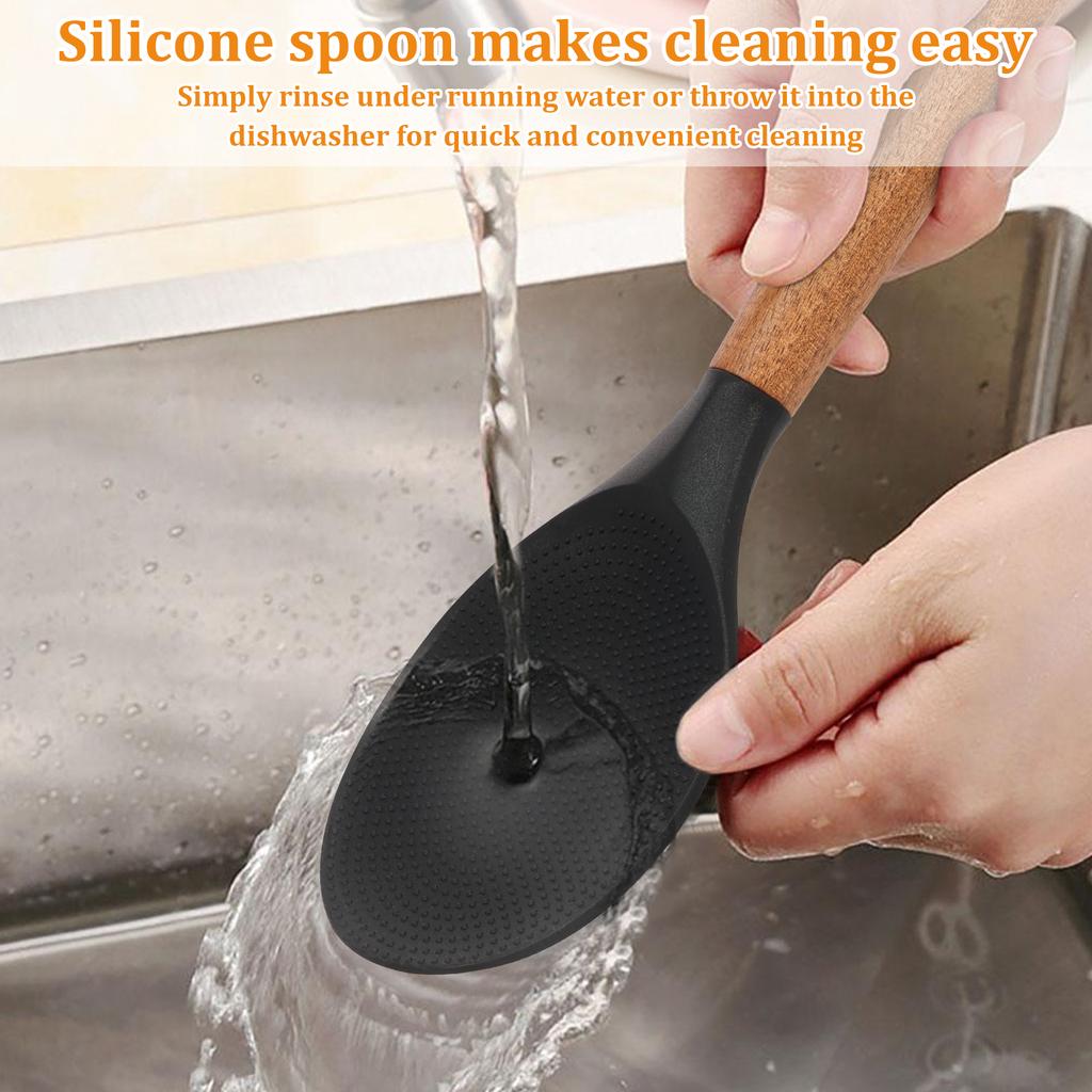 4 st Mångsidig Matlagningssked och Risspade Set Silikon Serveringsspatel Sked med Trähantag Köksmatlagningsredskap