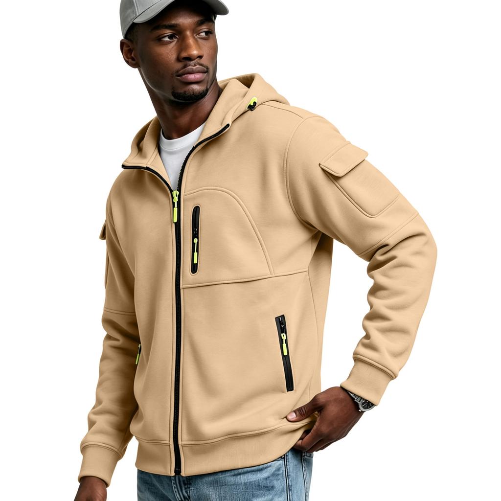 Men's Multi-Pocket Zip-Up Hoodie Casual Jacket for Outdoor Sports