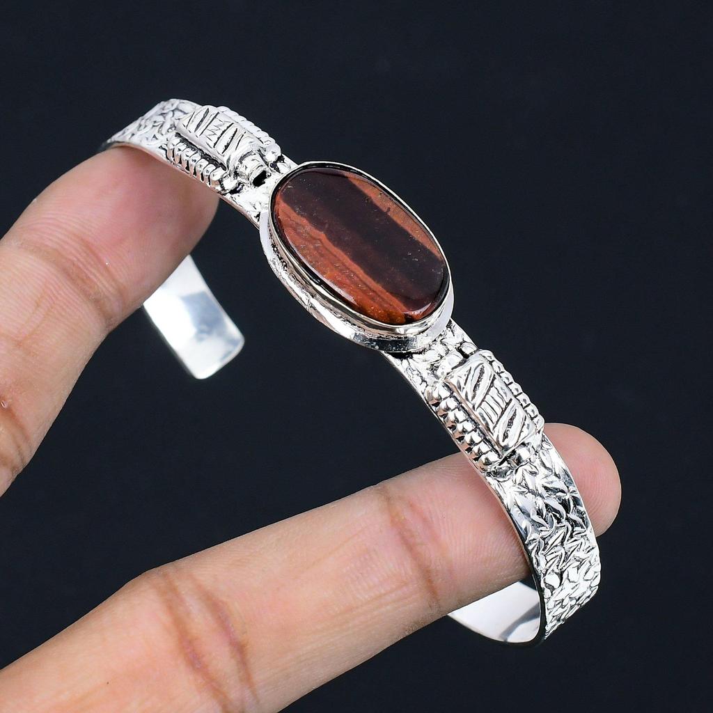 Natural Iron Tiger Eye Gemstone Bangle Red Adjustable 925 Sterling Silver