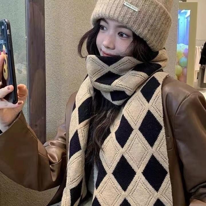 Winter Korean Style Versatile Warm Scarf Women's Knitted Thickened Diamond Plaid Retro Lazy Style Neck Warmer