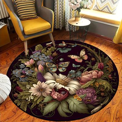 1Pcs Darkness Butterfly Floral Pattern Round Area Rug Indoor Non-Slip Washable Fiber Carpet Soft Comfortable Mat For Bedroom Living Room