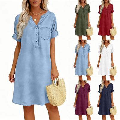 Vestido Camisa Casual de Verano para Mujer, de Corte Holgado, con Cuello en V, Manga Corta, Cierre de Botones Frontales y Bolsillo, Tejido de Mezcla de Lino