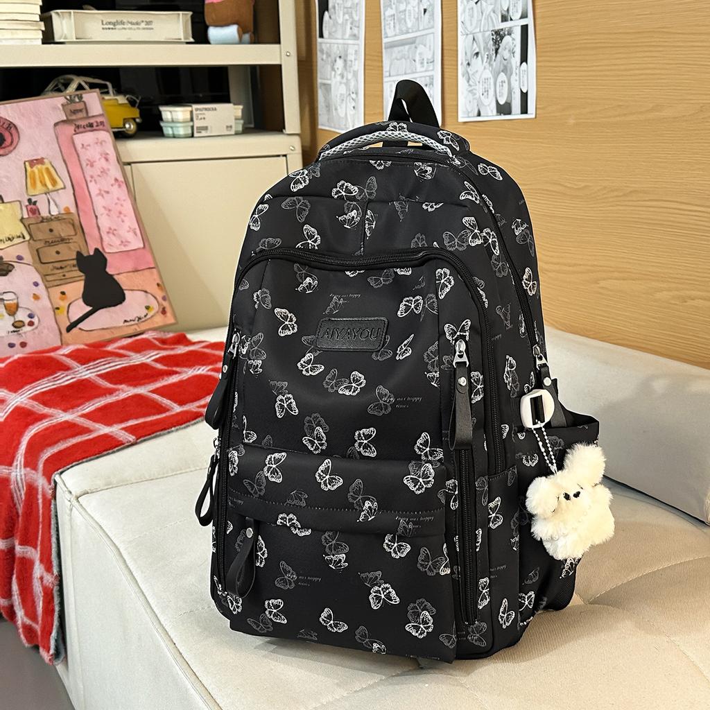 Schoolbag New Schoolbag College Style Light and Cute Backpack Junior High School Students Girls National Style Butterfly Printing Light Backpack