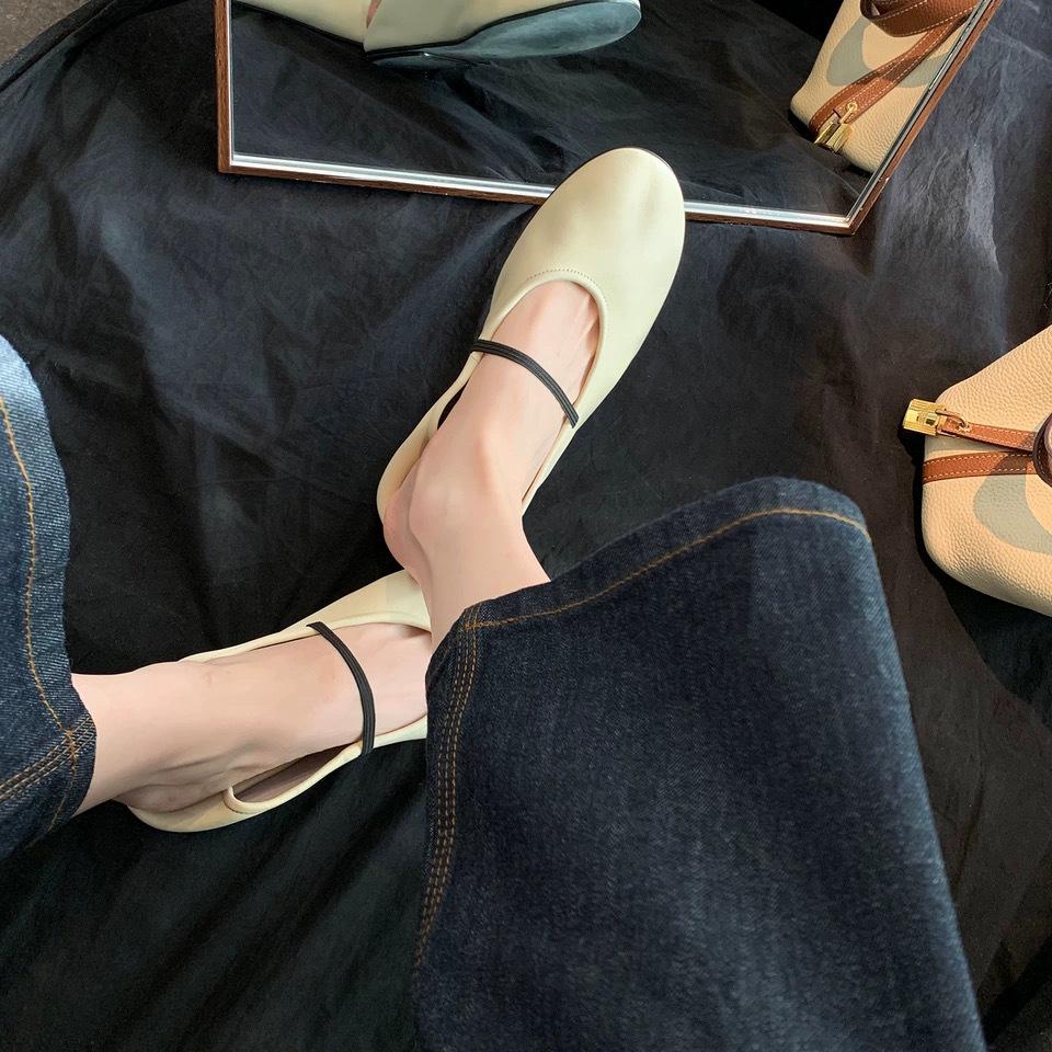 Soft summer new round head one-word flat-soled small leather shoes women's leather comfortable soft-soled single shoes