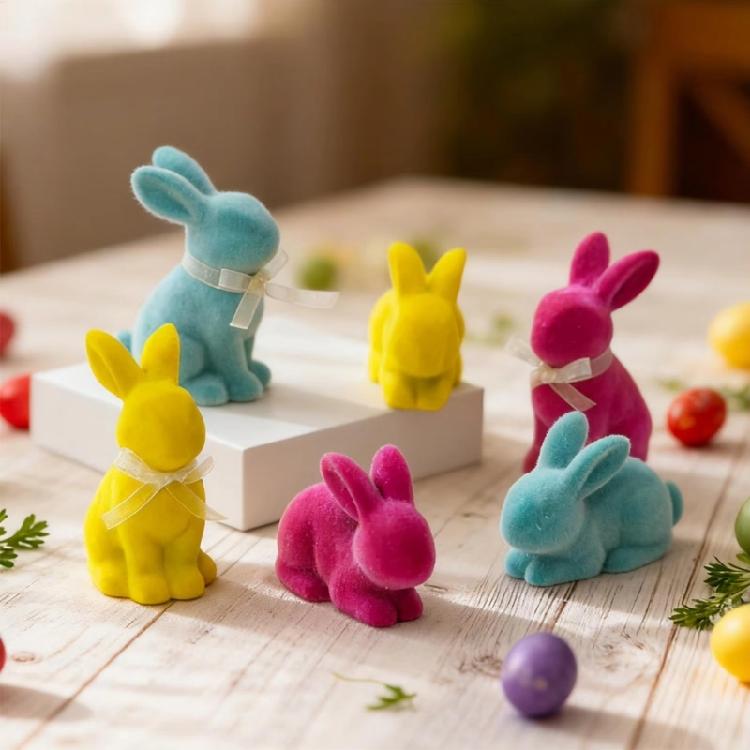 2Pcs/set Lovely Flocking Easter Rabbit Statues Small Resin Desktop Ornament Ideal For Party Table Centerpieces