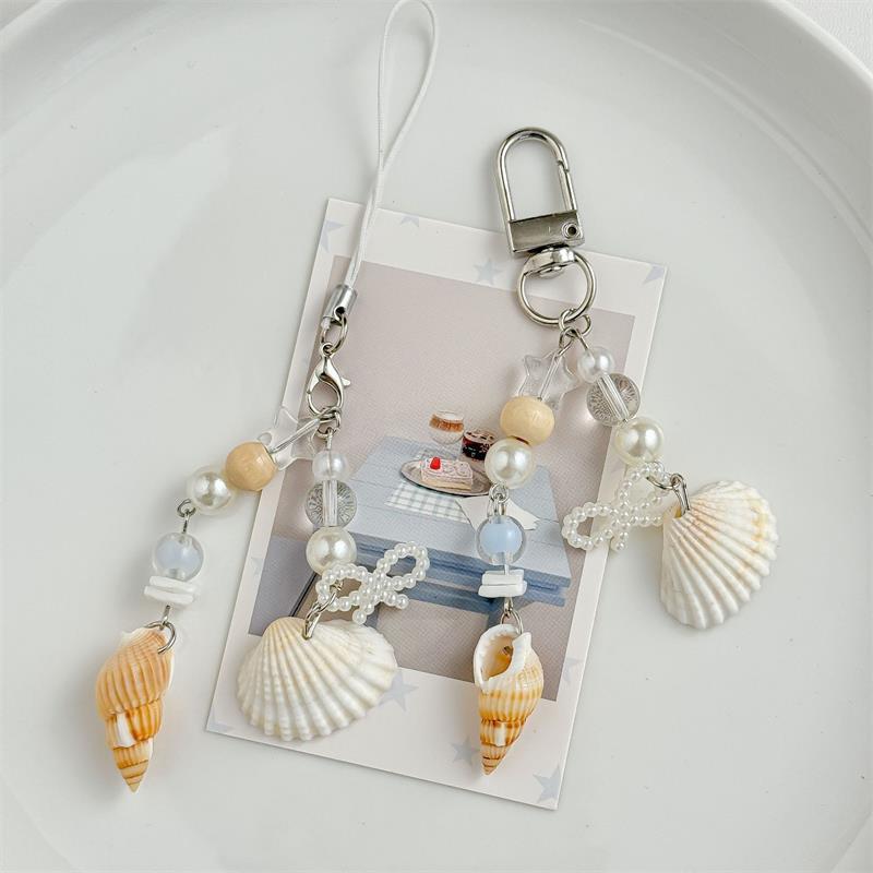Ocean Style Pearl Bow Shell Conches Charm Beaded Mobile Phone Chains Keychain Pendants Girly Bag Hanging Ornaments Gifts