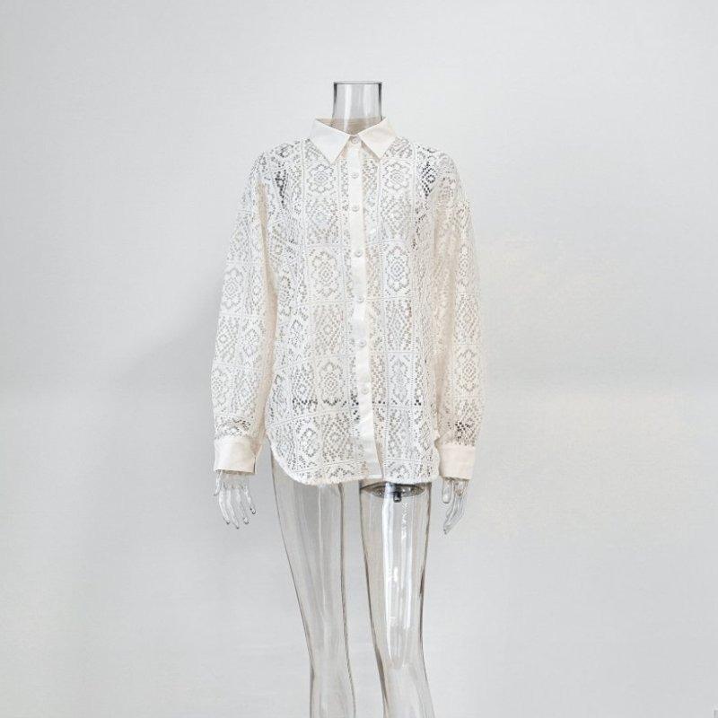 Móda Vintage Elegantní Vyšívané Krajkové Košile Dámské Dlouhý Rukáv Volné Ležérní Dámské Halenky Léto Jednobarevné Zapínání na Knoflíky Košile Topy Dámské Oblečení 26263