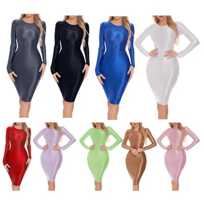 Dámské hedvábné jednobarevné bodycon tužkové šaty s dlouhým rukávem bokové zavinovací šaty noční košile na spaní