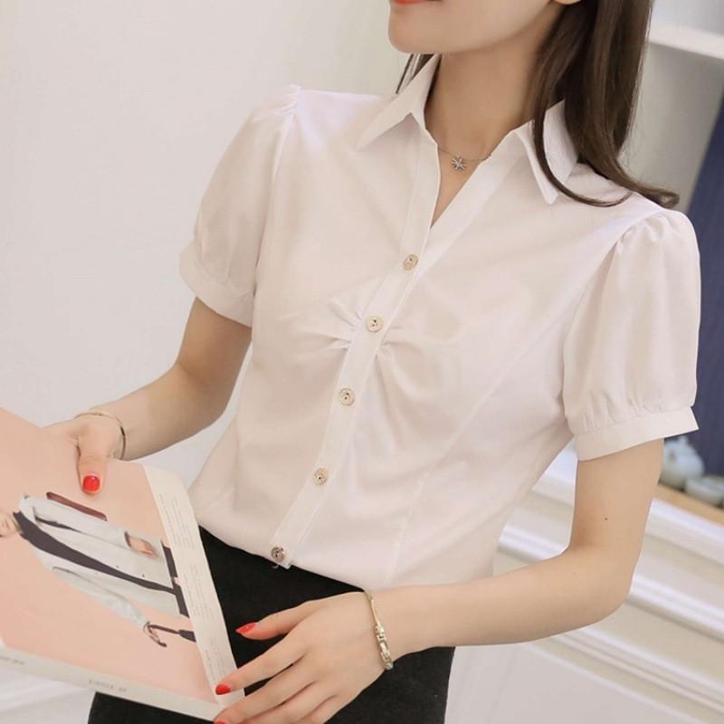 Womens Business Shirt Vneck Short Sleeve Cotton Blouse Office Wear For Spring Seasons
