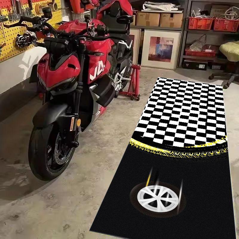 Racing Checkered Motorcycle Pit Mat Anti Slip Parking Rug For Garage Workshop Moto Display Floor Decor Carpet