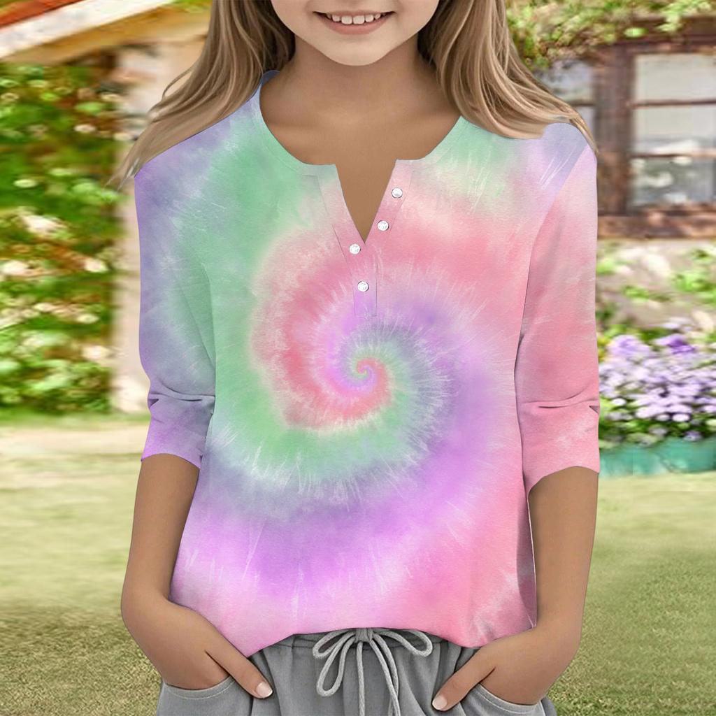 Print Tops For Youth Girls V Neck Button 3/4 Sleeves T-Shirts Trendy Tops Outfit Tees