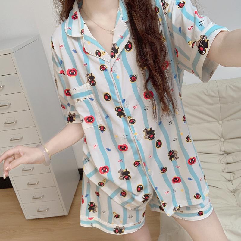 

Мультяшная пижама с пингвином Пингу для женщин, летняя, с короткими рукавами и шортами, милый полосатый костюм для дома 2XL