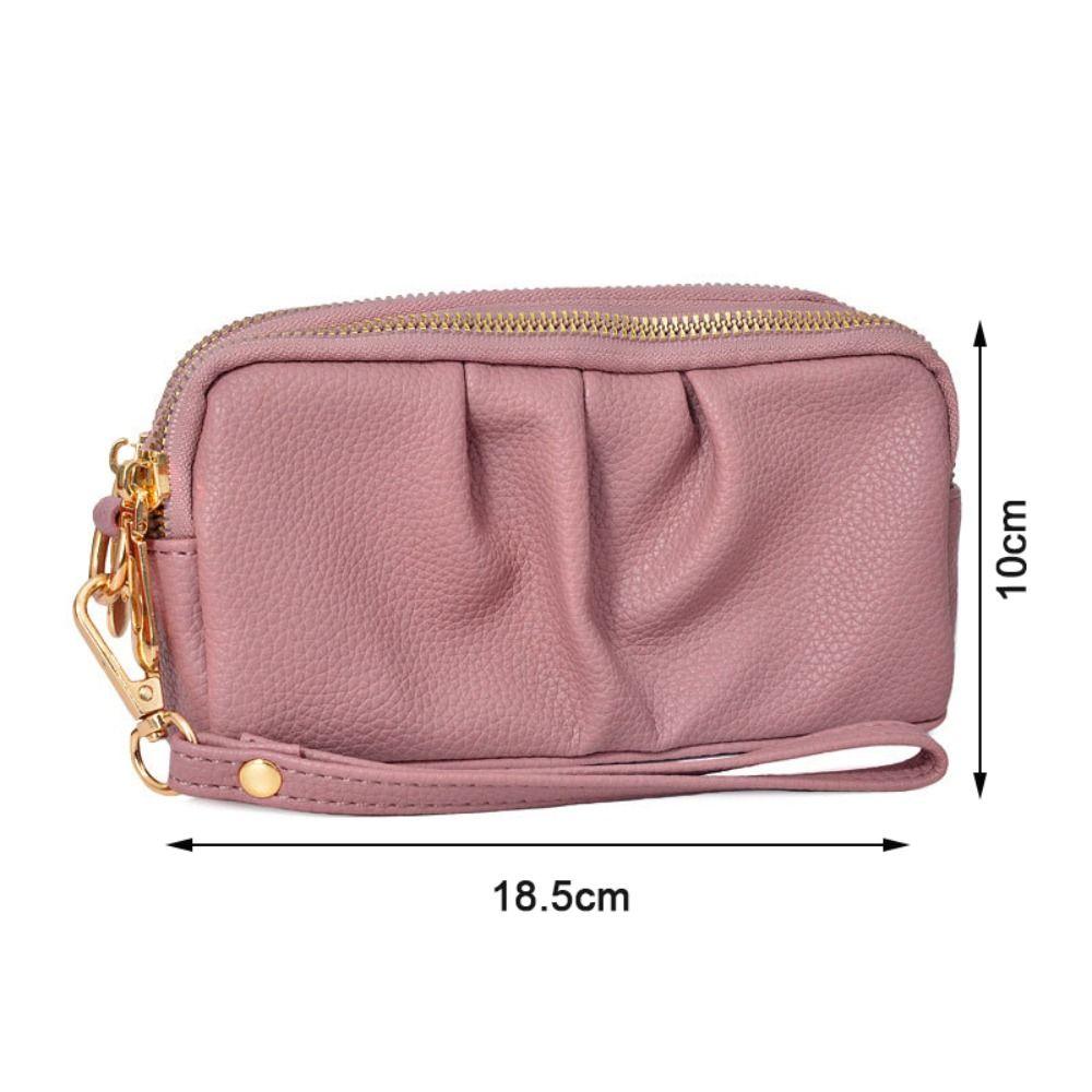 Portable PU Leather Women Long Wallet Double layer Large Capacity Shopping Wrist Bag Zipper Solid Color Handbag
