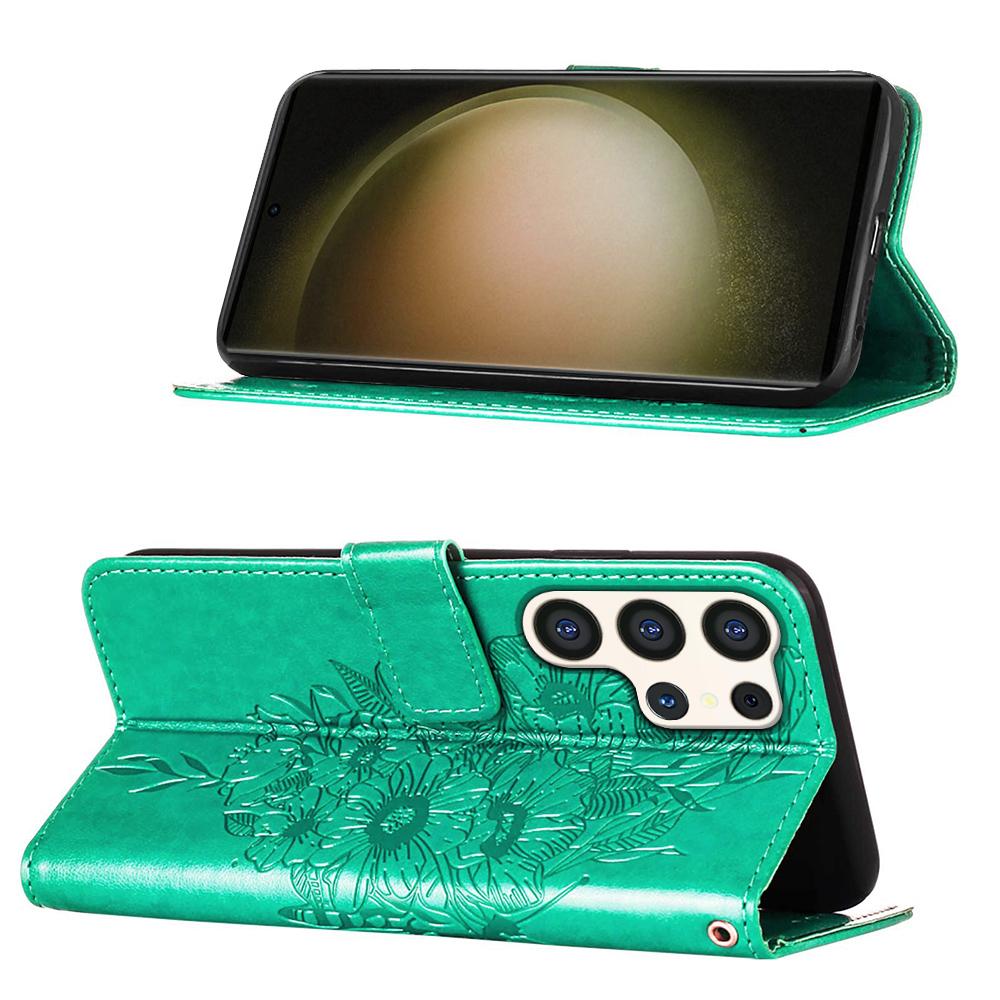 For Samsung Galaxy S24 Ultra Wallet Case with Wrist Strap Butterfly Imprint Leather Phone Cover