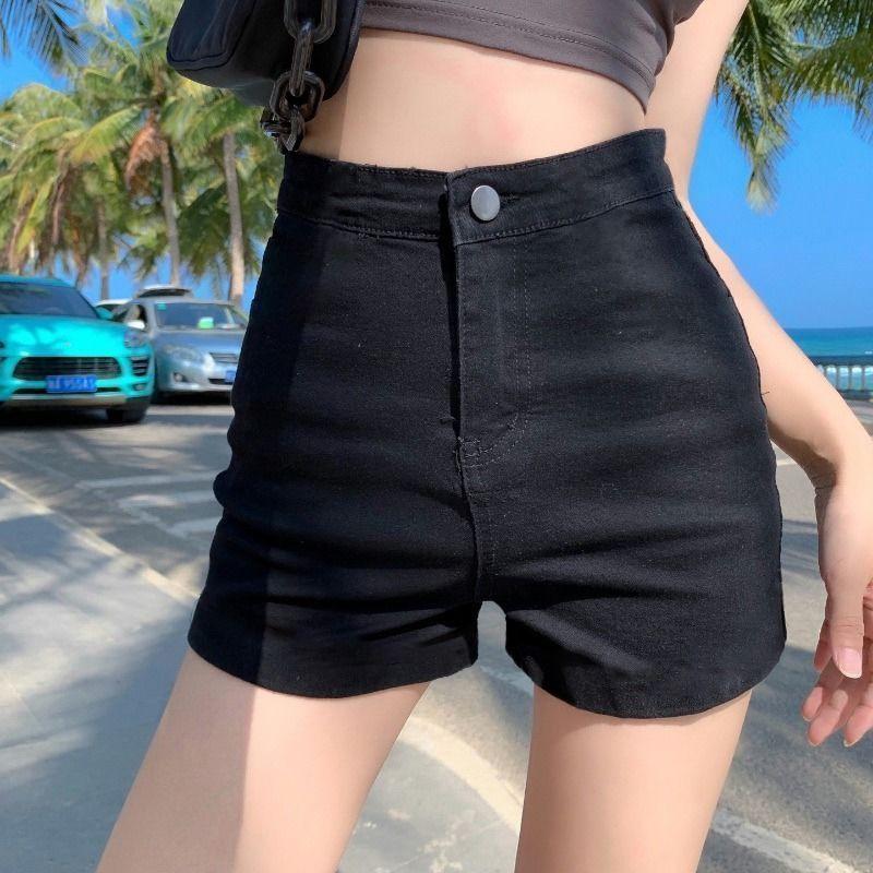 Women's High-Waisted Black Denim Shorts - Stretchy, Slimming, A-Line, Hip-Lifting, Trendy.