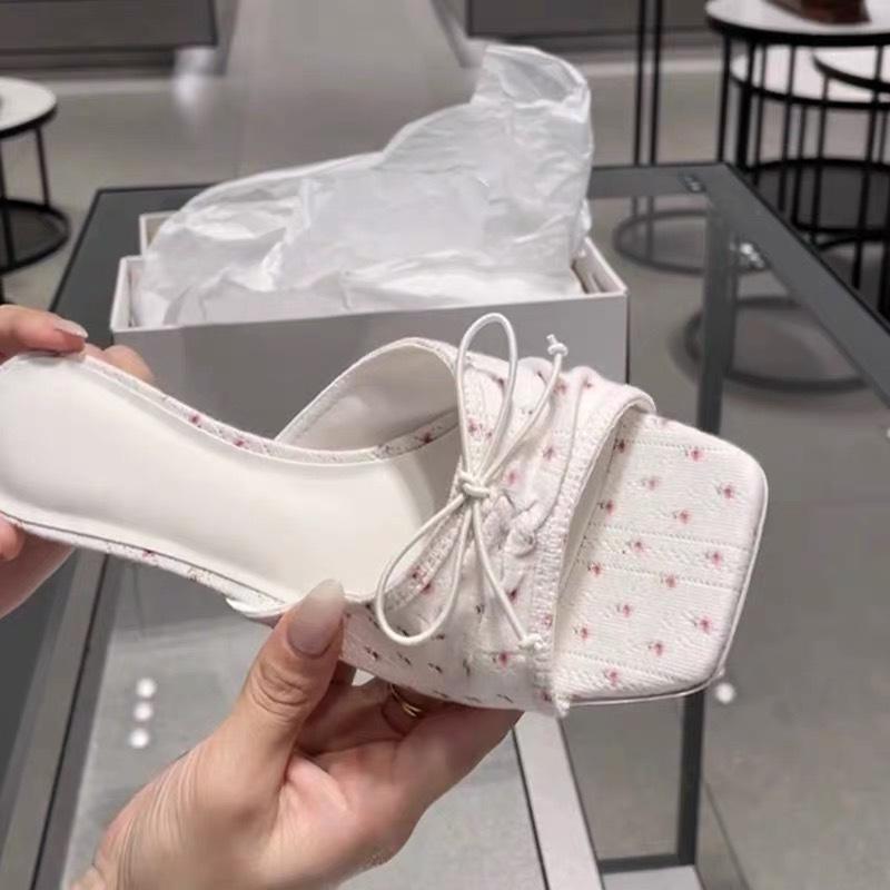 

French square head stiletto high heels women s 2025 spring and summer new floral bow word with cool slippers outside 40
