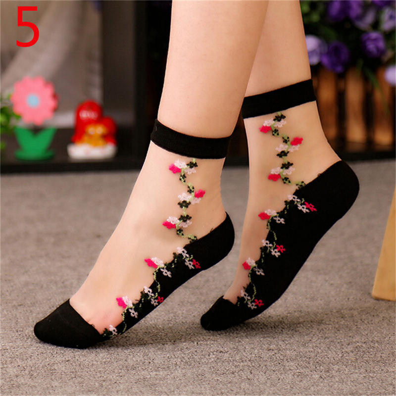 Summer Women Lace Socks  Glass Silk Short Thin Transparent Flower Socks