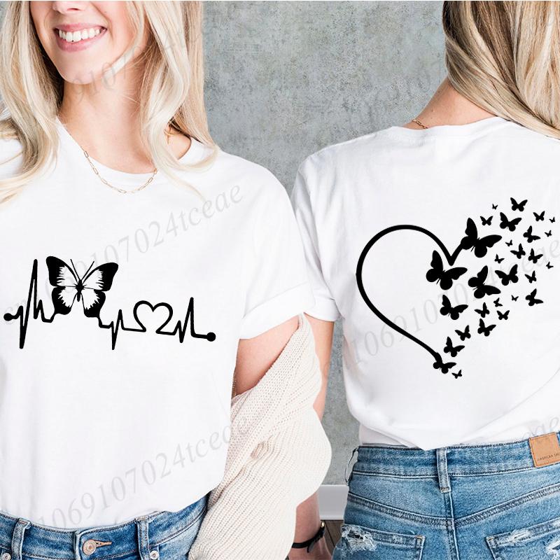 

Футболки с бабочками и сердечками для женщин, смешные розовые и белые футболки, хип-хоп уличная одежда, креативные топы, женские футболки с коротким рукавом 3XL