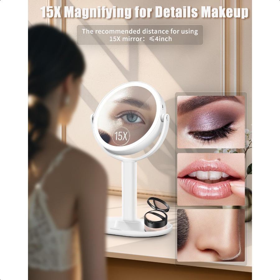 

Косметическое зеркало с 15-кратным увеличением и подсветкой, двустороннее, с вращением на 360 градусов, настольное зеркало для макияжа с увеличением, перезаряжаемое, 3 цвета L United States